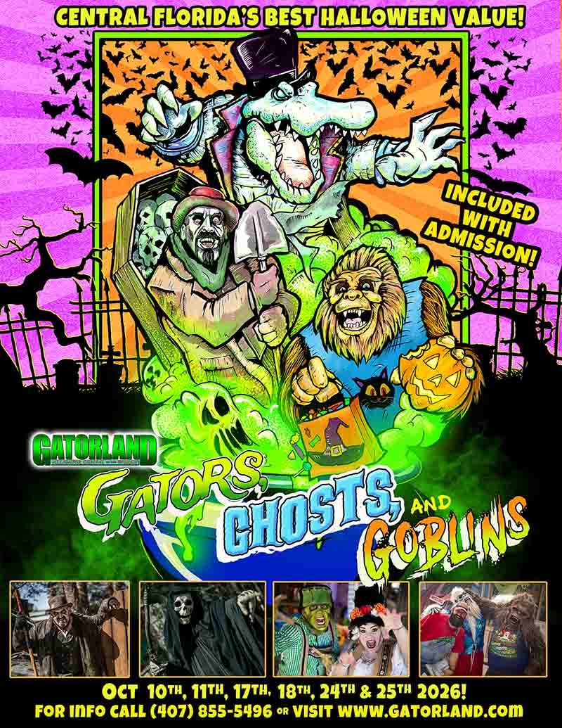 Gators ghosts goblins web-2026 poster-8.5×11 titled Gatorland's“Gators, Ghosts, and Goblins,” described as Florida’s best value Halloween event 2026