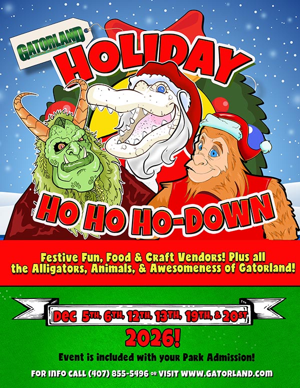 Holiday Ho Ho Ho-Down 2026 Tease600w Gatorland's Holiday Ho Ho Ho-Down event poster 2026 Teaser